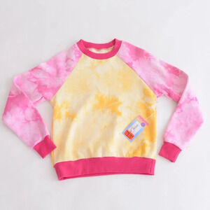 Warm  Fun Yellow & Pink Sunset Tie-Dye Laid Back Crewneck Sweater Sweatshirt XS